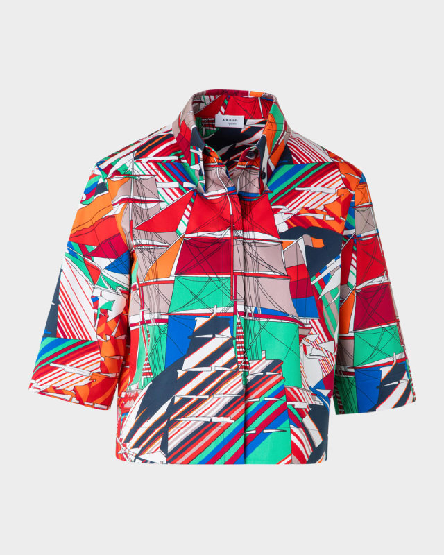 Sea Clipper Print Boxy Cotton Satin Blouse